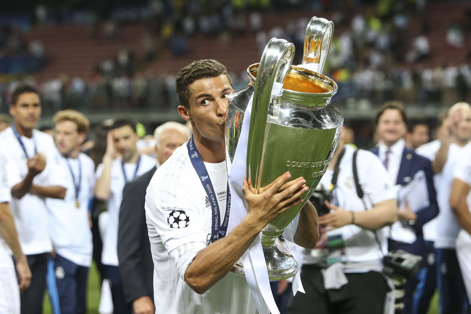 Cristiano Ronaldo kisses the Champions League trophy. Again, I was at the wrong end for both goals but some nice celes at the end made up for it. (105mm, ISO3200, 1/1250th, f3.5)