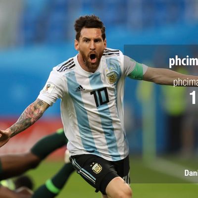 Lionel Messi celebrates after scoring against Nigeria