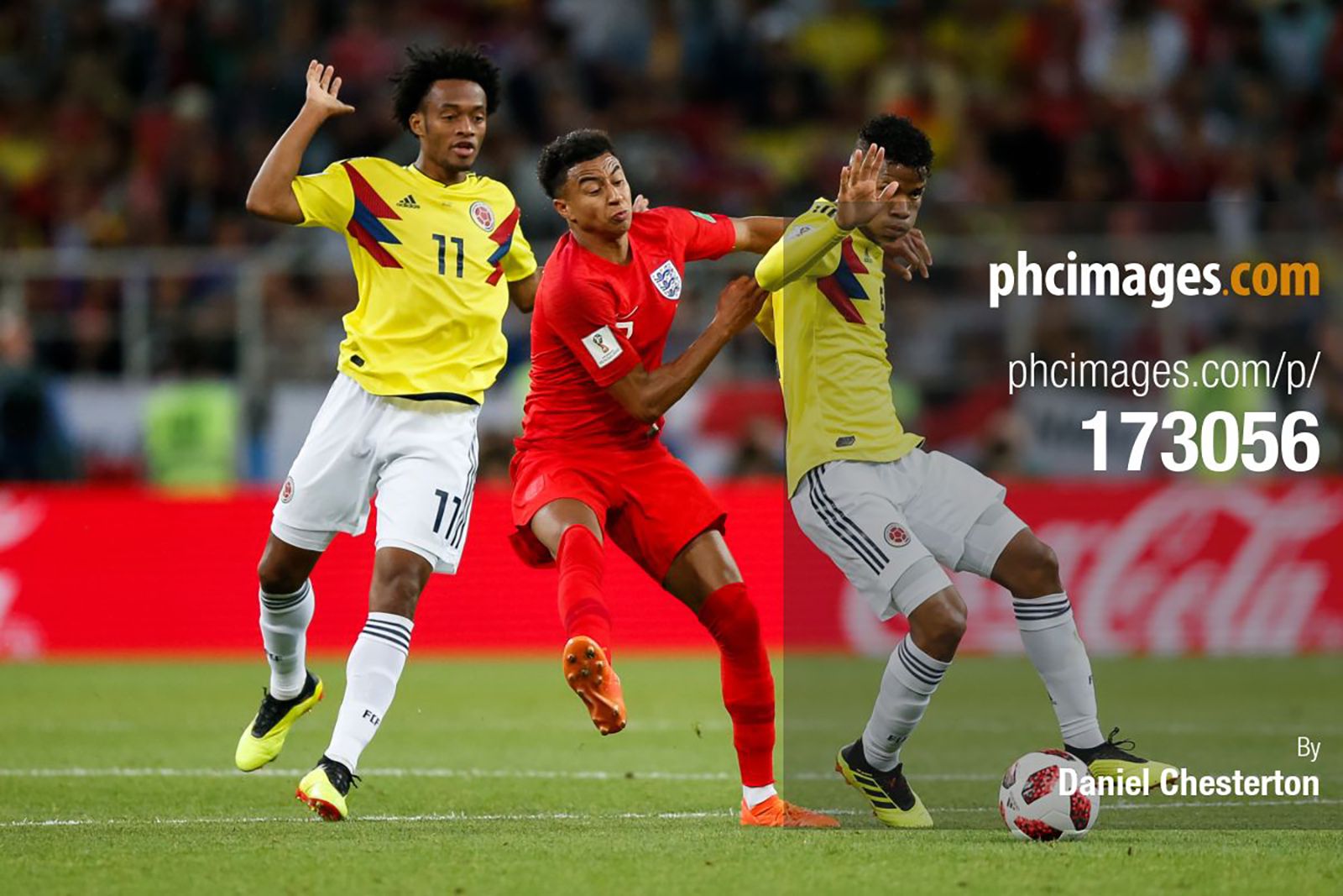 Jesse Lingard tries to break through the Colombia defence