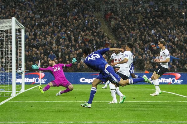 Diego Costa scores Chelsea's second against Spurs during the 2015 Capital One Cup Final