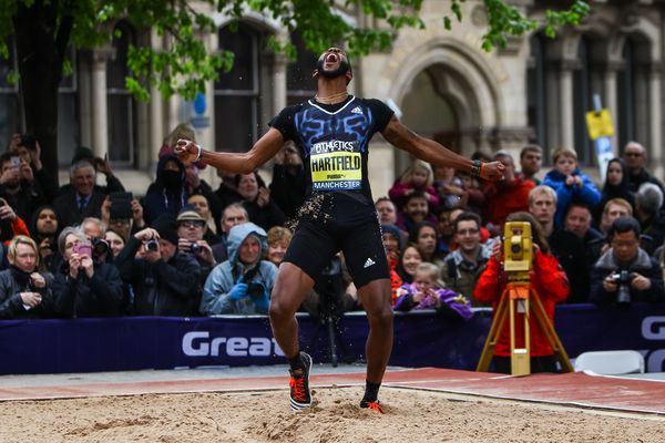 Mike Hartfield reacts after a jump during the Men's Long Jump at the 2015 Great CityGames Manchester