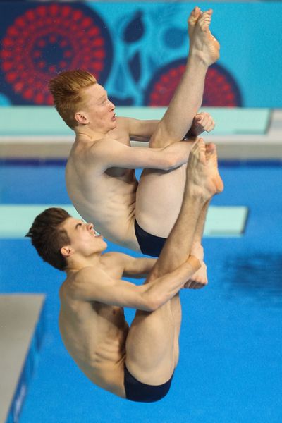 Britain's Ross Haslam and James Heatly in the Men's Synchronised diving at the 1st European Games in Baku