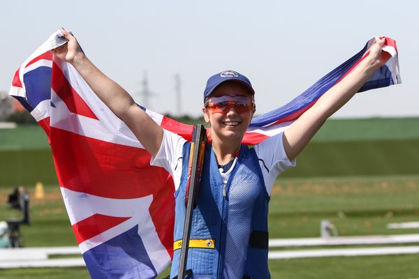 Britain's Amber Hill celebrates her Skeet gold medal