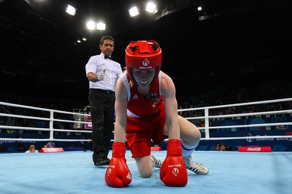Wahner Ornella on the canvas during the Women's Fly boxing