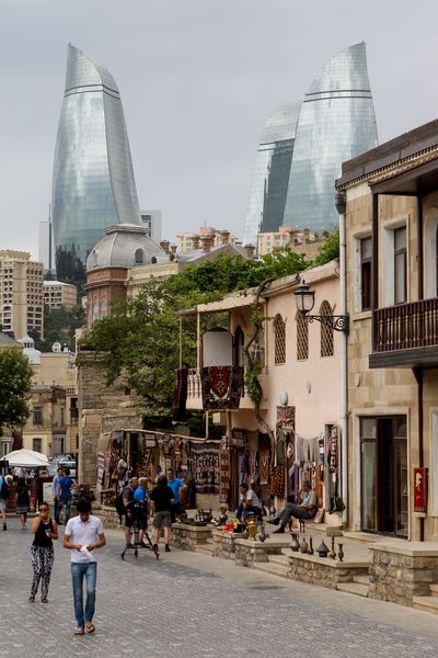 Baku Old Town with the Baku Flame Towers seen in the background