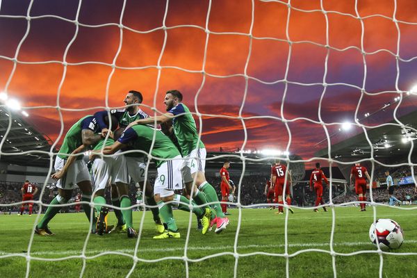 Northern Ireland's Jonny Evans celebrates after scoring against Czech Republic