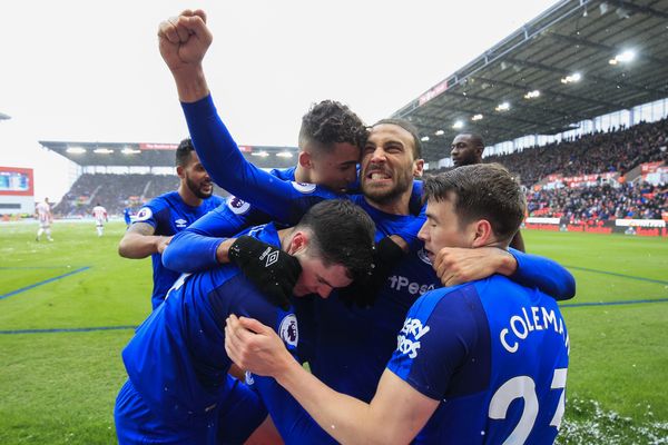 Cenk Tosun celebrates after scoring at Stoke