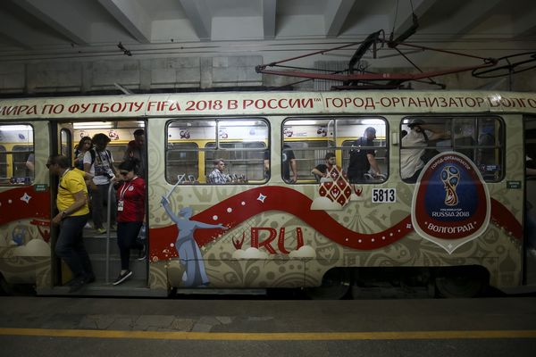 A general view of a World Cup branded tram in Volgograd, Russia