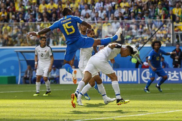 Oscar Duarte of Costa Rica intercepts the ball from Paulinho of Brazil