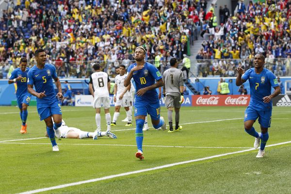 Neymar of Brazil celebrates after scoring against Costa Rica
