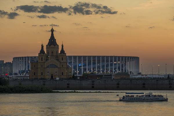 A general view of Nizhny Novgorod Stadium behind Alexander Nevsky Cathedral