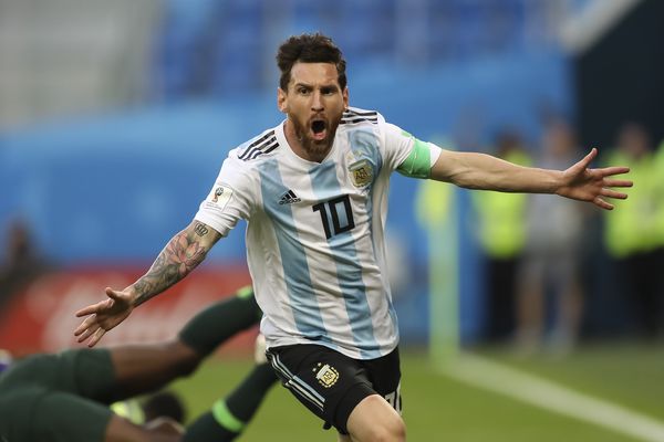 Lionel Messi of Argentina celebrates after scoring against Nigeria