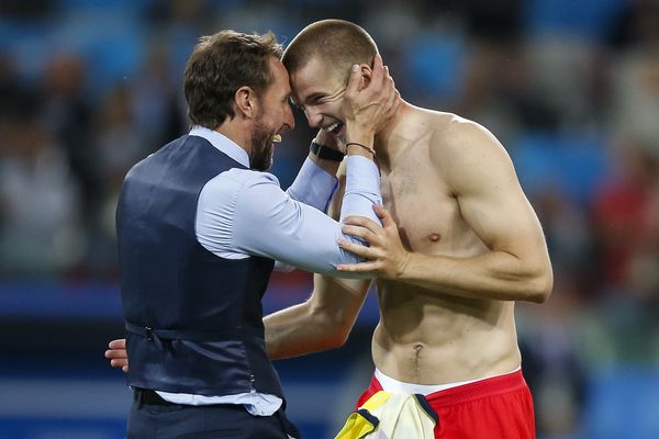 Gareth Southgate and Eric Dier celebrate after beating Colombia