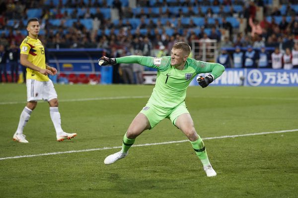 Jordan Pickford of England celebrates during the penalty shootout against Colombia