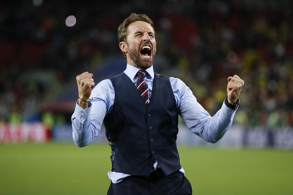 England Manager Gareth Southgate celebrates after beating Colombia