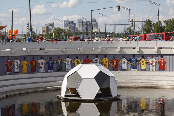 A World Cup mural is seen near the Kazan Kremlin