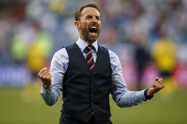 Gareth Southgate celebrates after the 2018 FIFA World Cup Quarter Final match against Sweden