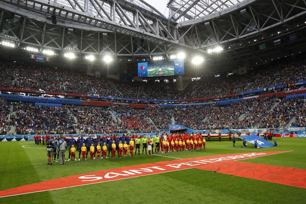The teams line up before the 2018 FIFA World Cup Semi Final match between France and Belgium