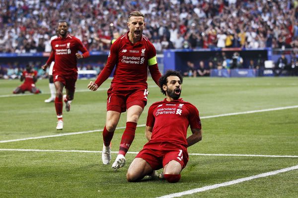 Mohamed Salah celebrates after scoring during the Champions League Final against Tottenham Hotspur