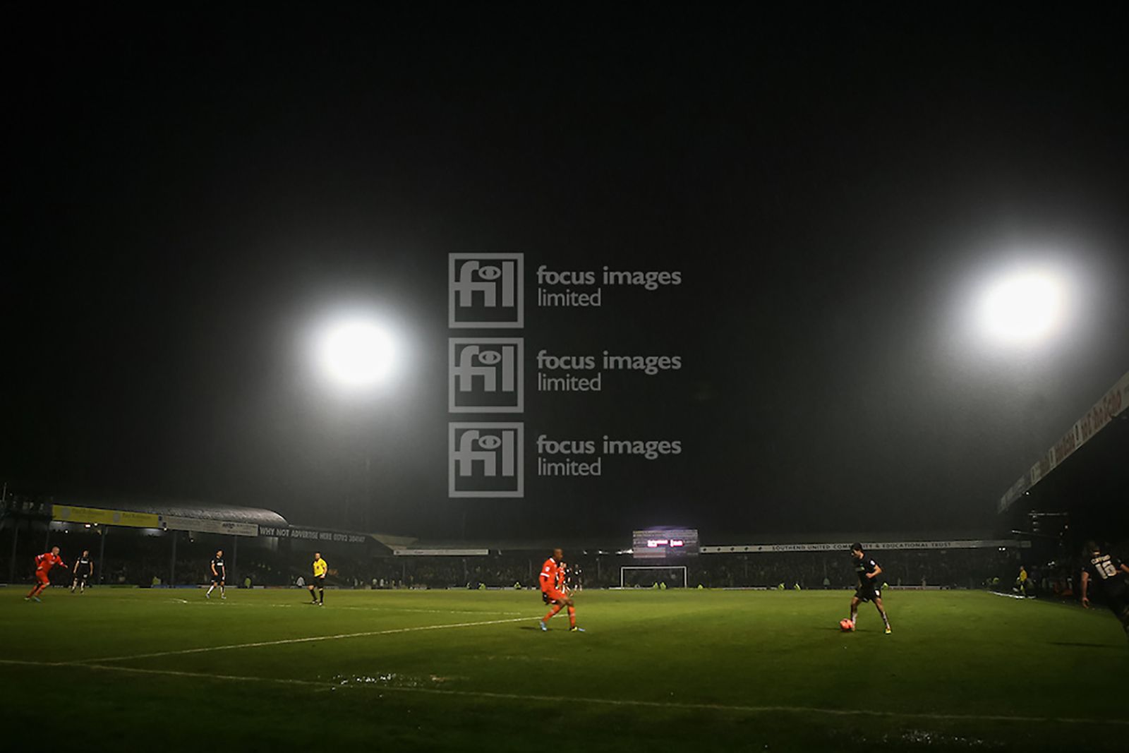 A general view of the action as rain pours at Roots Hall