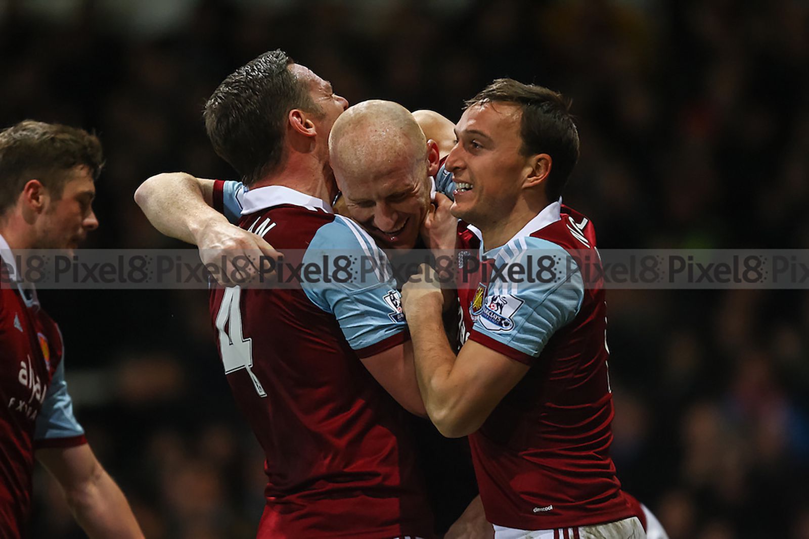 James Collins celebrates scoring West Ham's first goal with Nolan and Noble