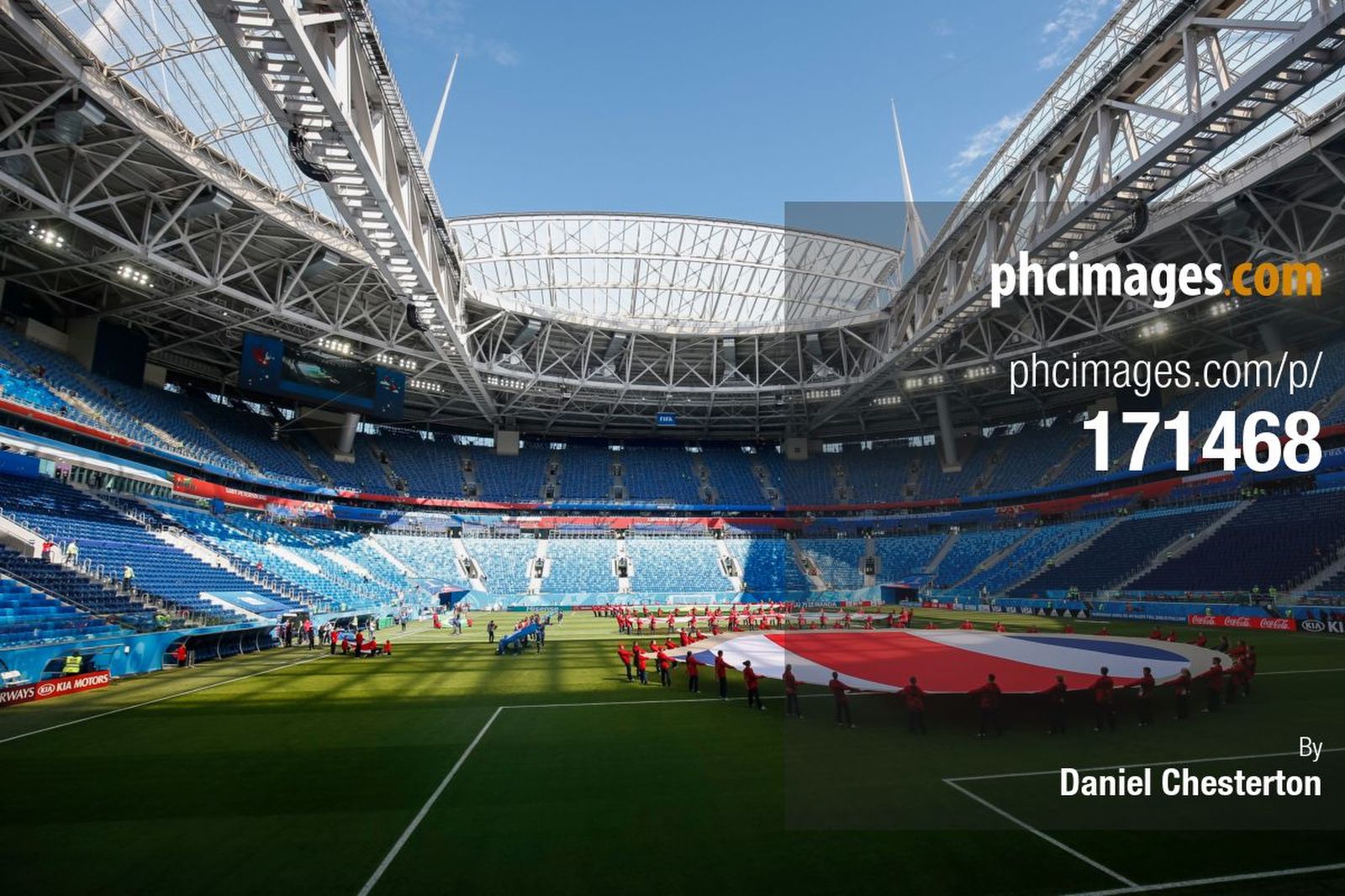 The inside of Krestovsky Stadium as the volunteers do a dress rehearsal