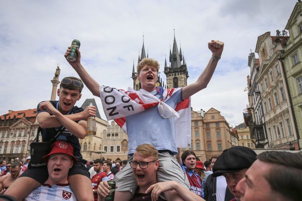 West Ham fans pose in the centre of Prague 