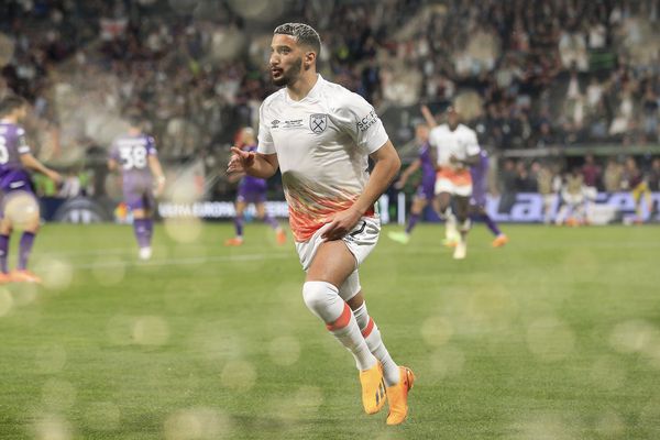 Beer flies as Said Benrahma celebrates after scoring from the penalty spot