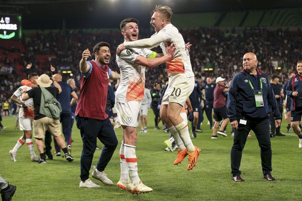 Captain Declan Rice and winning goalscorer Jarrod Bowen celebrate