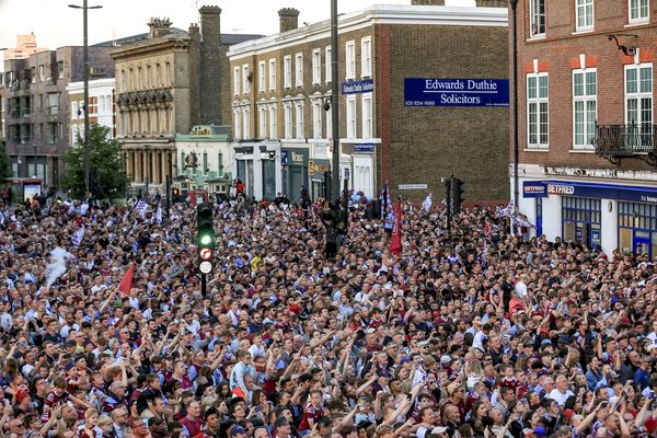 West Ham fans congregate in front of Stratford Town Hall