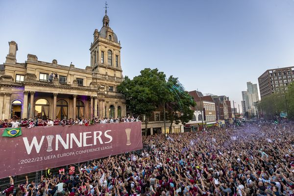 West Ham fans in front of Stratford Town Hall